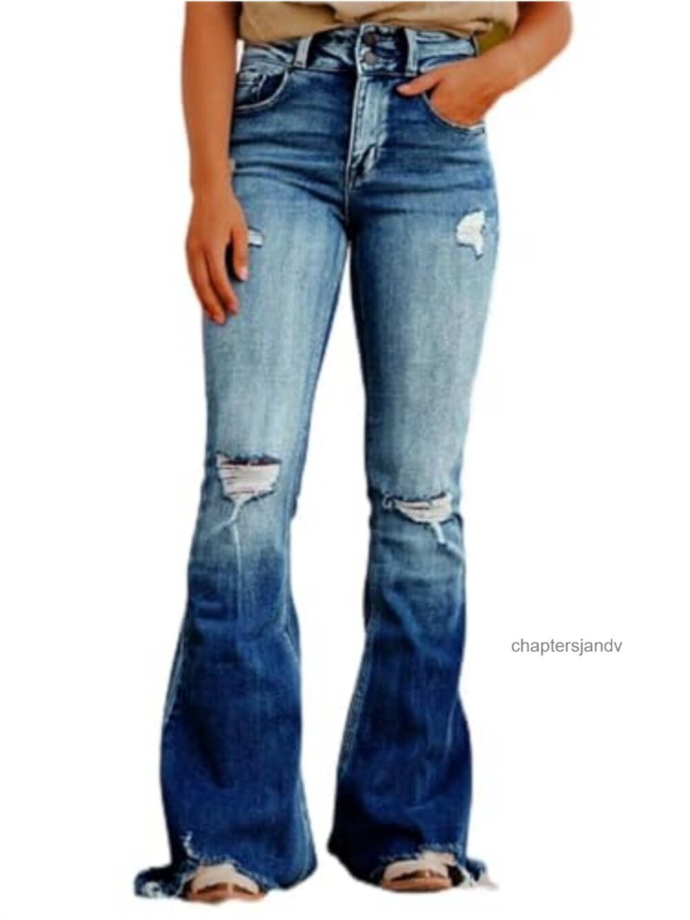 High Waist Ripped Flare Bell Bottom Jeans Super Stretch Wide Leg Denim